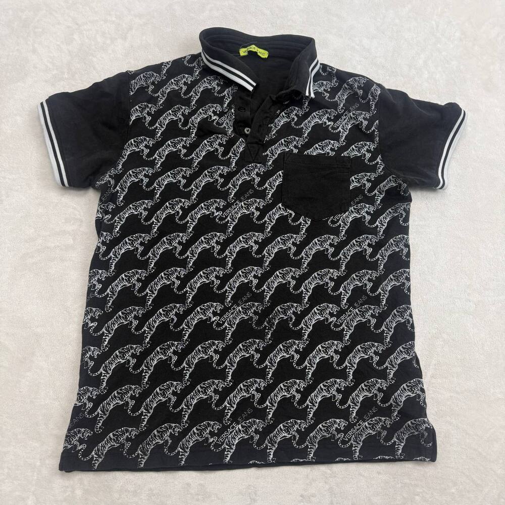 Versace Jeans Men's Black Polo Shirt Size M Tiger Print All Over Graphic Cotton